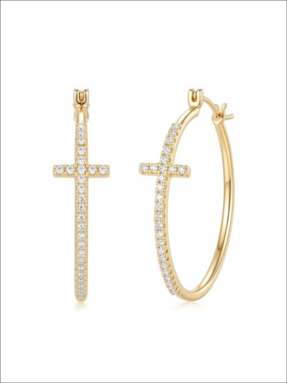 14K Gold Plated Hoop Earrings with CZ Cross Charm Snap Back